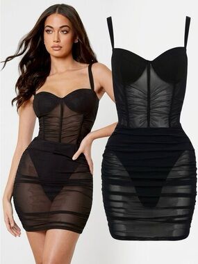 Heiress Beverly Hills | Dresses | Heiress Beverly Hills Black Chiffon Mesh  Corset Flower Drape Mini Dress Size M | Poshmark